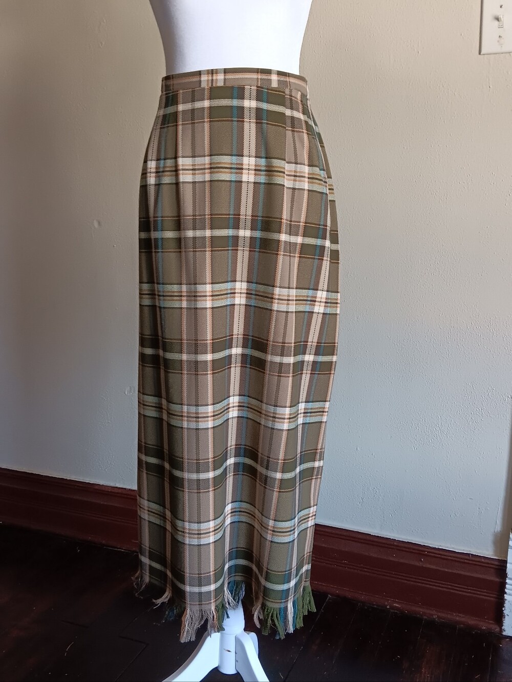 Green Plaid Fringe Hem Vintage Pencil Skirt, Boho Academia, Womens Size 12 - Picture 3 of 10